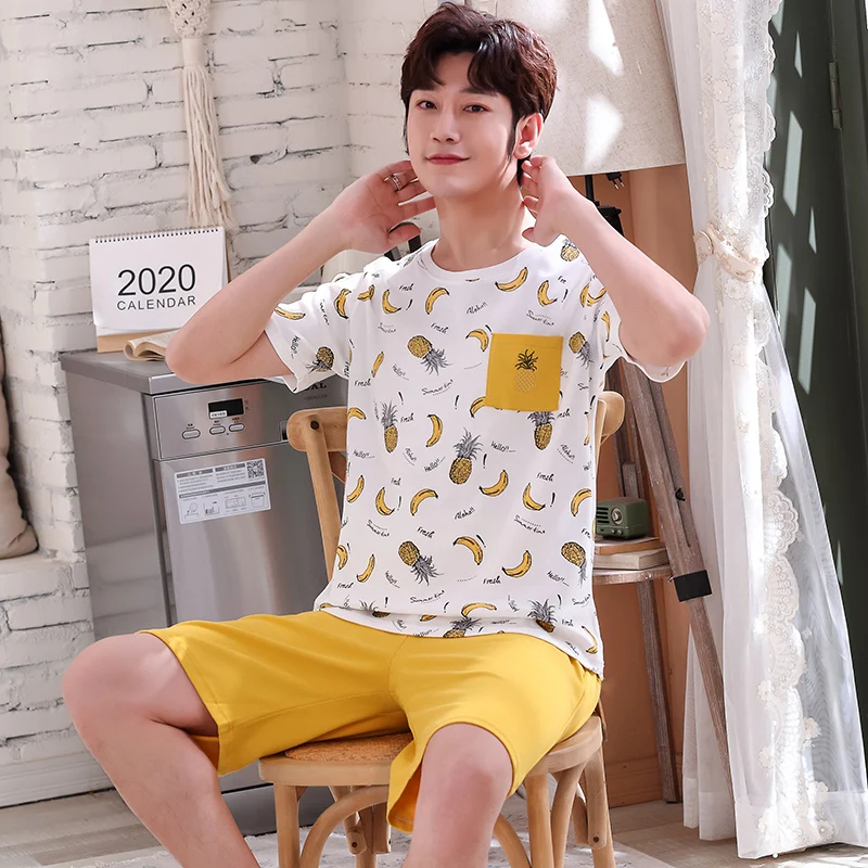 Algodão verão fino conjunto de pijamas masculinos plus size curto sleep tops pant pijamas terno masculino casa terno pijamas casuais