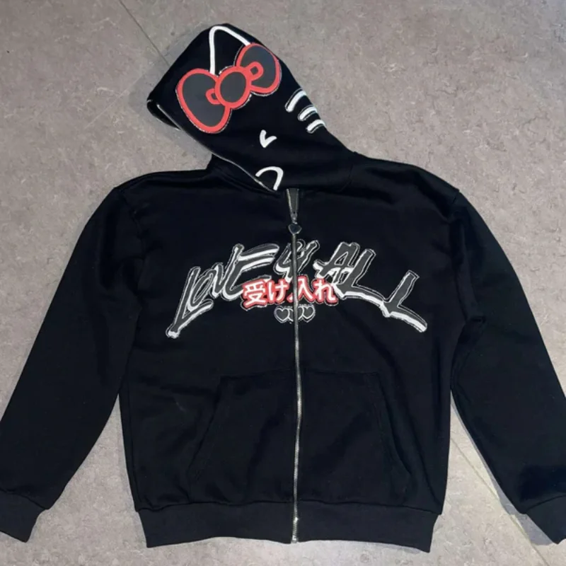 INS Y2K 지퍼 업 까마귀 카와이 하라주쿠 인쇄 streetwear 남성 여성 의류 대형 까마귀 스웨터 패션 캐주얼상의