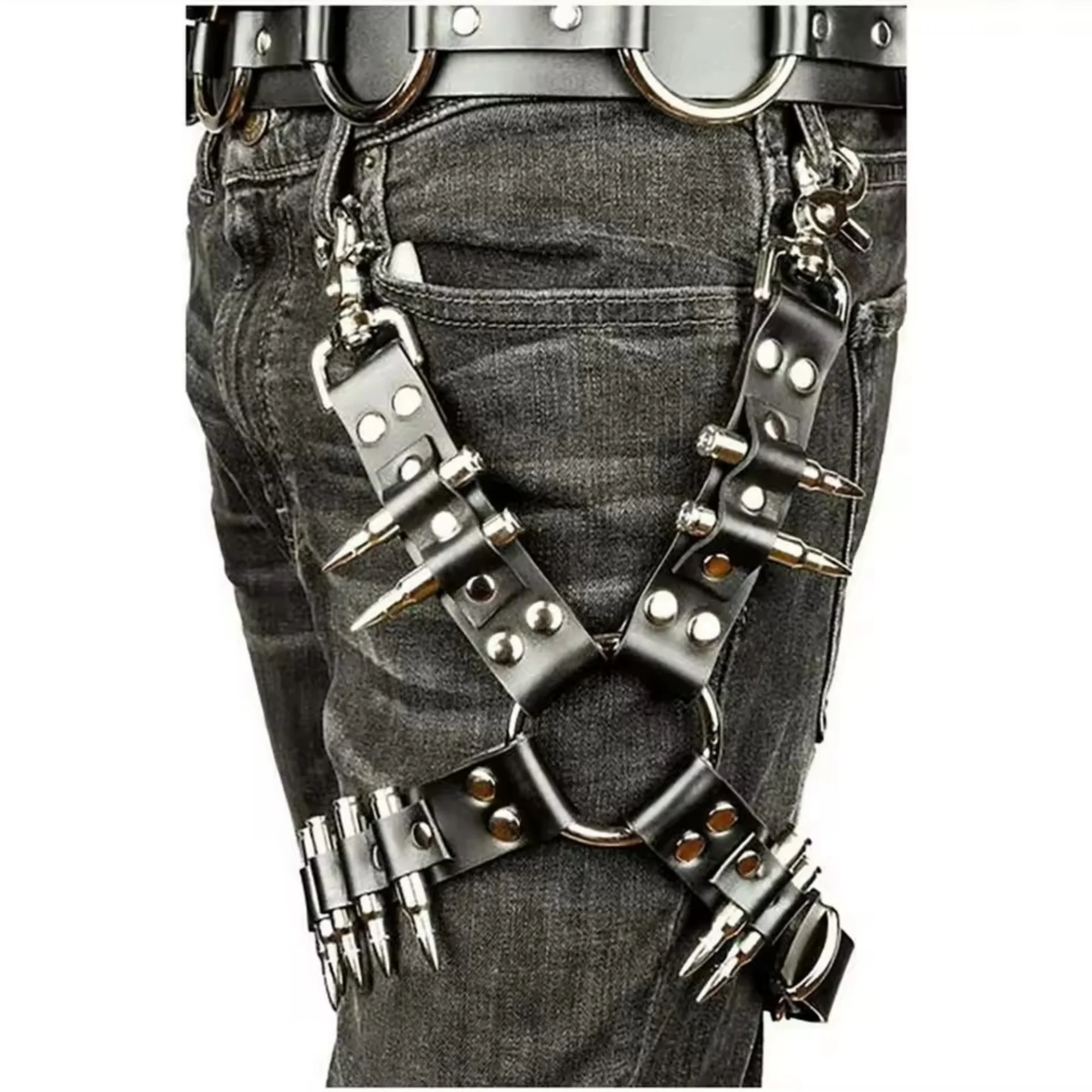 UYEE Punk Suspender Men Pu Leather Harness Garter Bondage Leg Belt Suspenders for Jeans Pants Accessories Adjustable Keychain