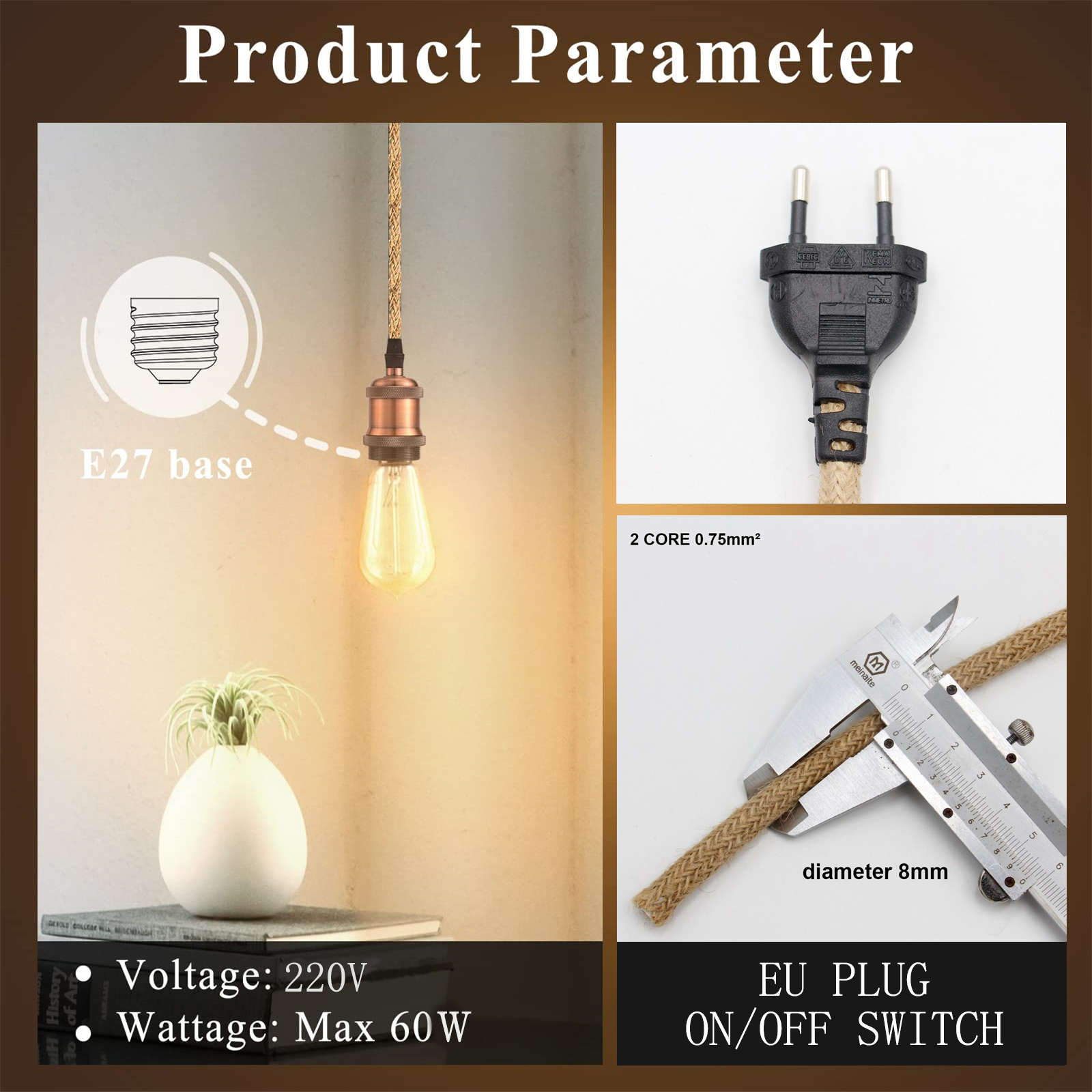 Genixgreen E27 Lampensockel Netzkabel EU-Stecker Hanfseil 2 Meter elektrischer Draht Fassung Kupferfassung Retro EIN/AUS-Schalterkabel