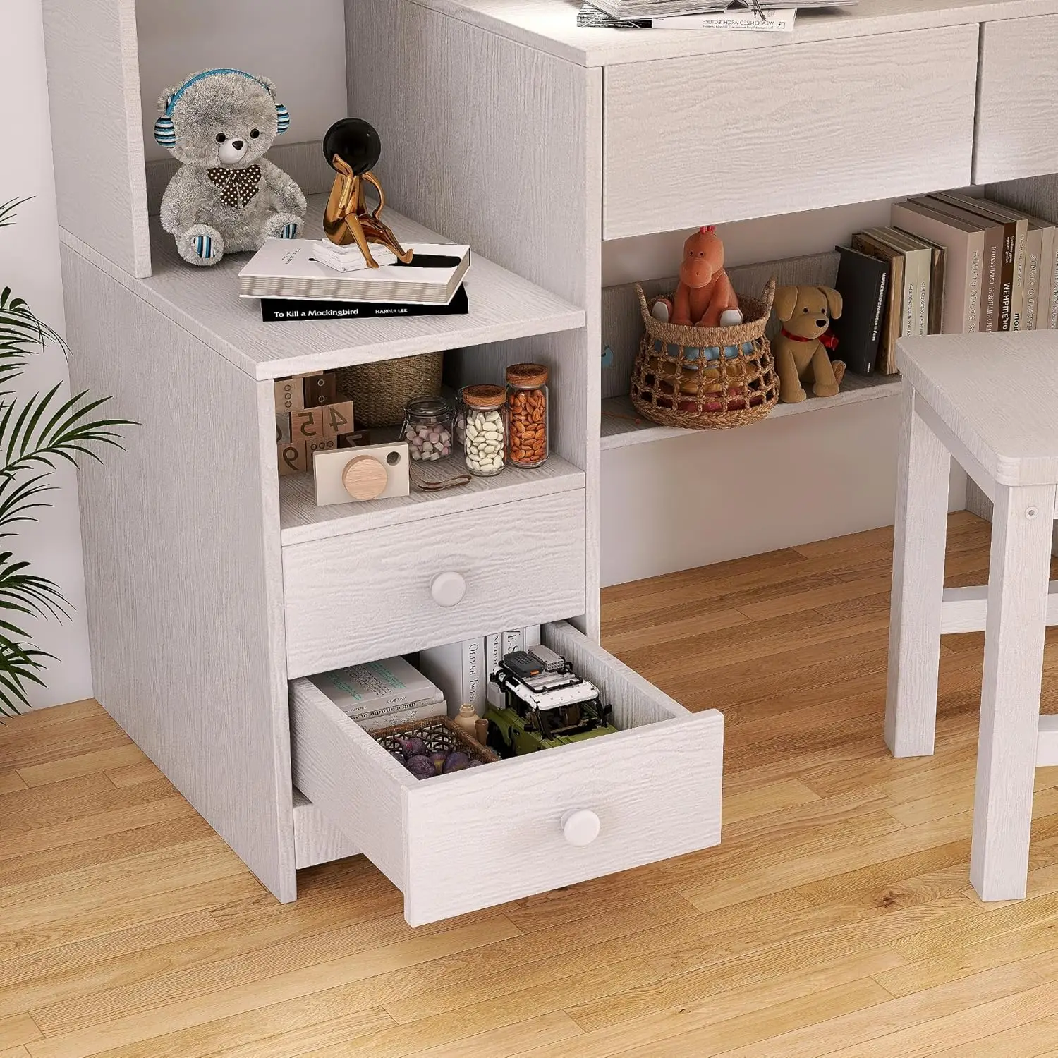 Kids Desk and Chair Set for 5-12 Year Old, Childrens Computer Desk with 4 Drawers, Kids Study Table with Storage Shelf-A01C65