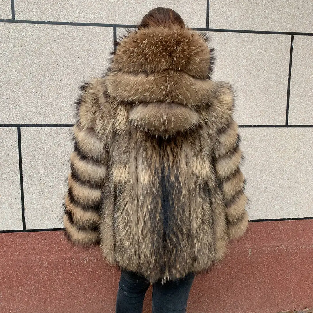 Novo casaco de pele de raposa real com capuz vertical feminino para outono e inverno moda jaqueta de pele natural casaco de pele de guaxinim com capuz vertical