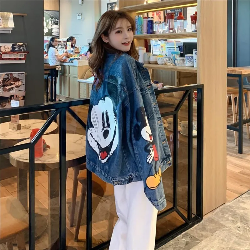 Roupas dos desenhos animados retro impresso denim jaqueta feminina outono novo solto tamanho grande jaqueta dos desenhos animados casual topo solto jaqueta