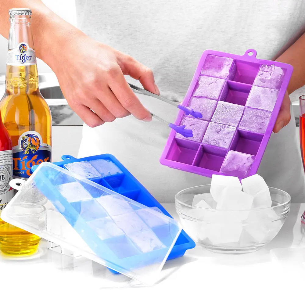Silicone world Silicone Ice Cube Mold 15/24 Grids Square With Lids Trays Icecream Cold Drinks Whiskey Cocktails Tools Ice Mold
