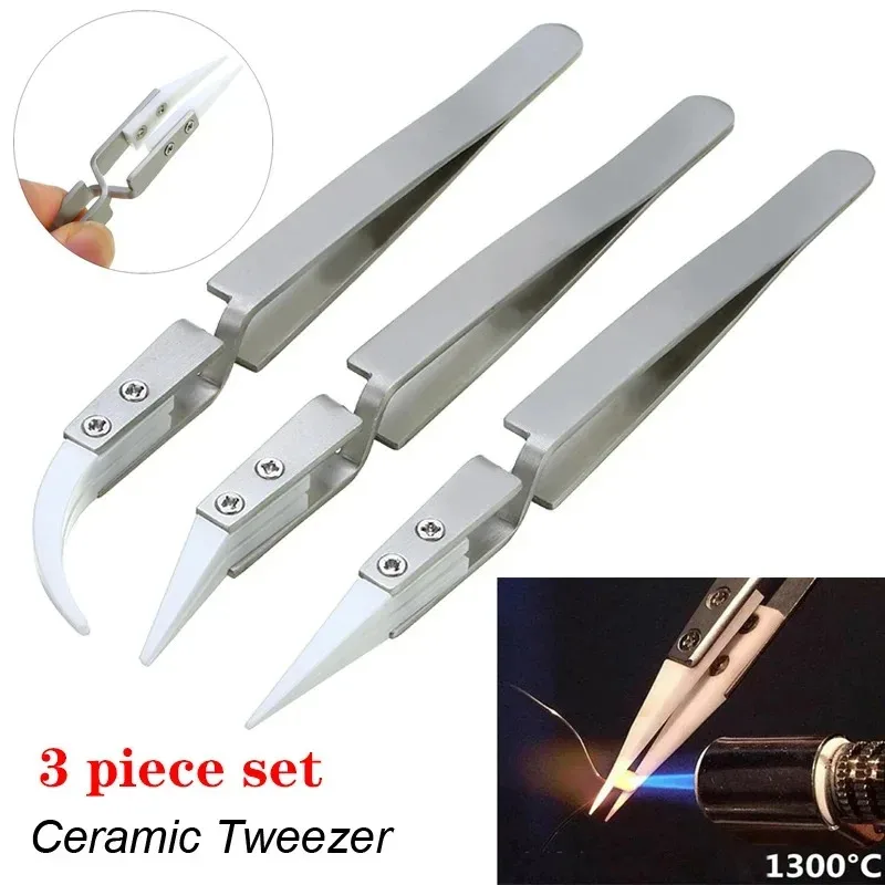 Pinzette per saldatura elettronica a punta dritta in ceramica da 3 pezzi, pinzette in ceramica per mandrino di precisione resistenti agli acidi inversi antistatici