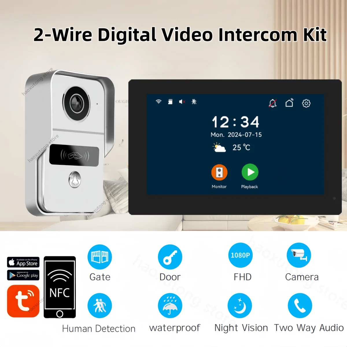 1080P Tuya Smart Home Video Intercom 2 Wires 7 Inch Apartment Video Doorphone Wireless WIFI Doorbell Camera 5-in-1 Unlock System