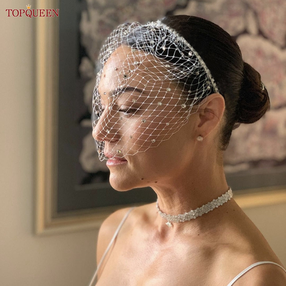 TOPQUEEN VA12 Velo da sposa a rete Stili multipli Velo da gabbia per uccelli con strass Fard staccabile Accessori per addio al nubilato