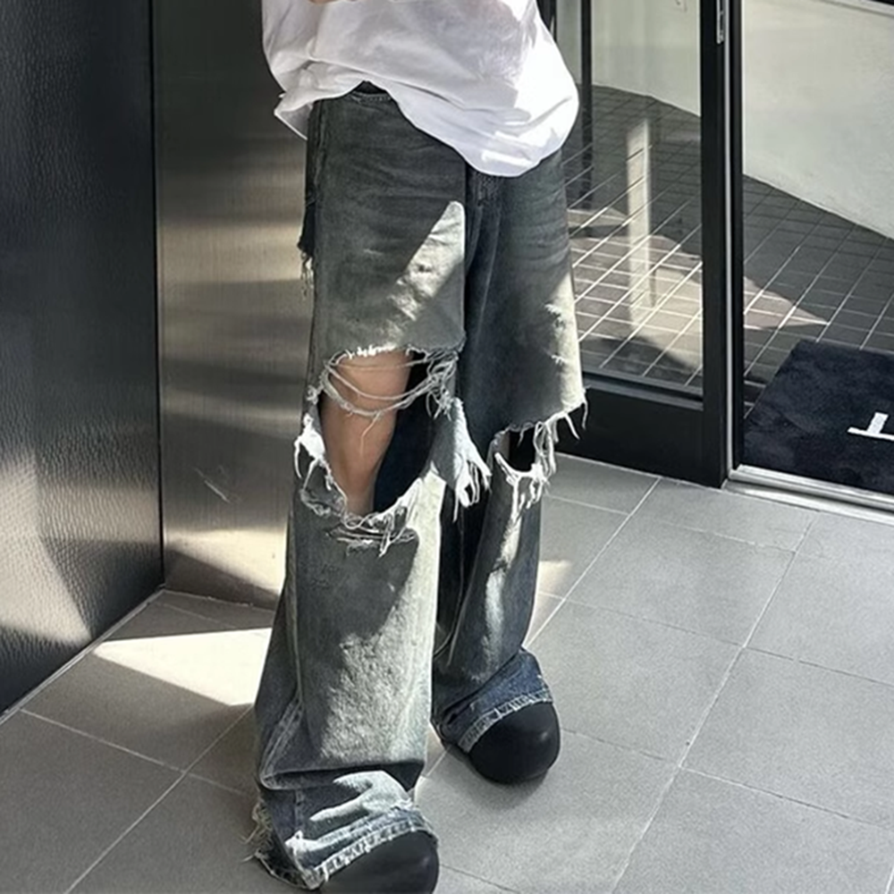 ほつれダメージ穴だぶだぶのワイドレッグジーンズ男性と女性のためのストリートカジュアル Ropa Hombre デニムパンツ特大カーゴパンツ