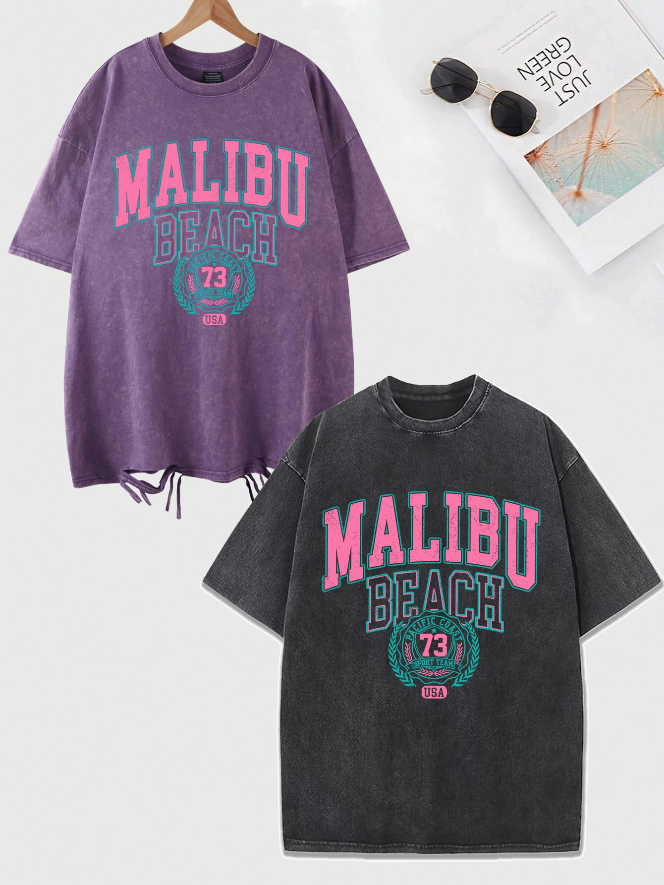 Malibu Beach T-shirt lavata da donna T-shirt in cotone con stampa di lettere Confortevole girocollo Top Casual T-shirt oversize Abiti femminili