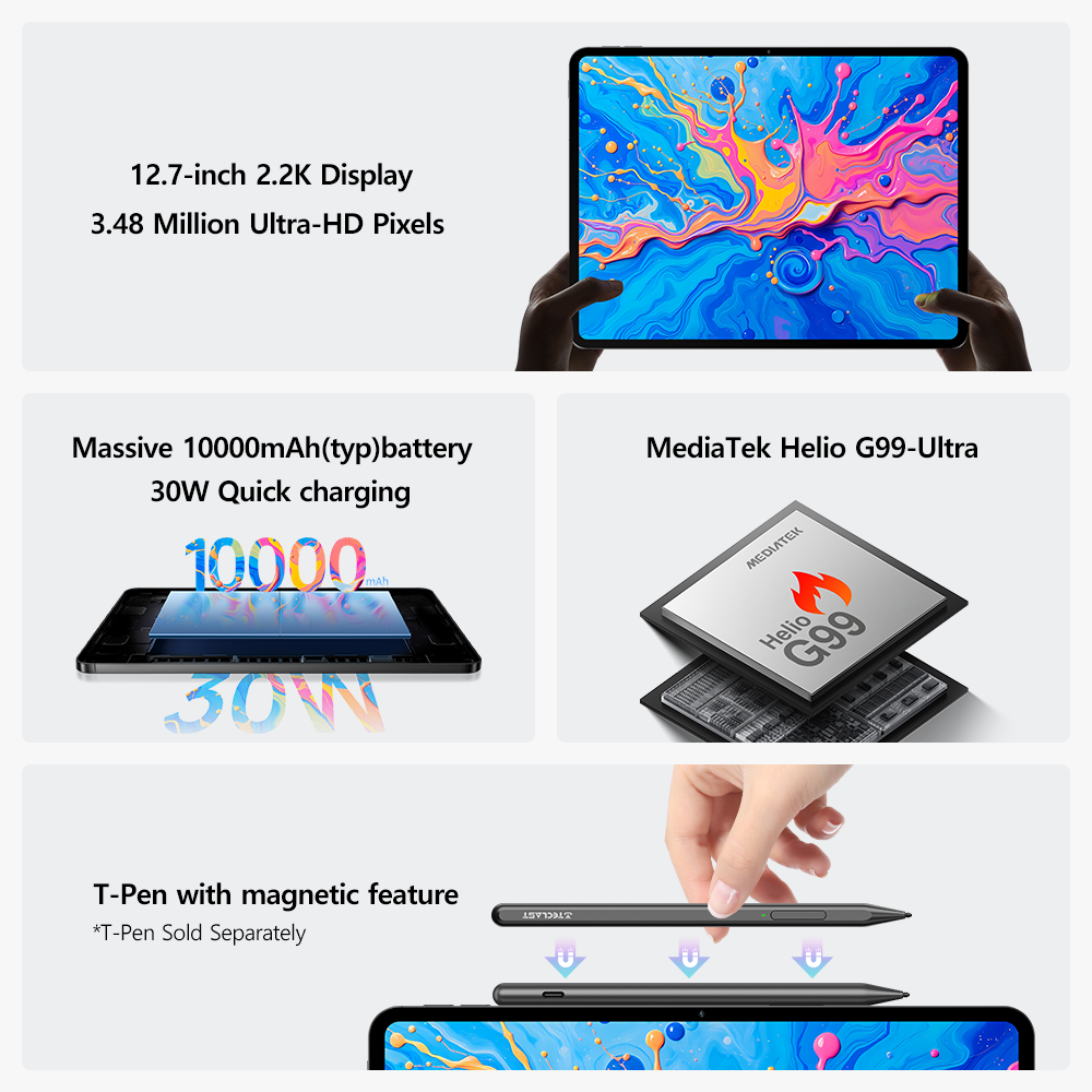 Teclast ArtPad Pro 12,7" 2,2K UHD Display 20GB RAM (8+12 Virtual) 256GB ROM Helio G99 10000mAh 30W Android 15 Tablet Global LTE