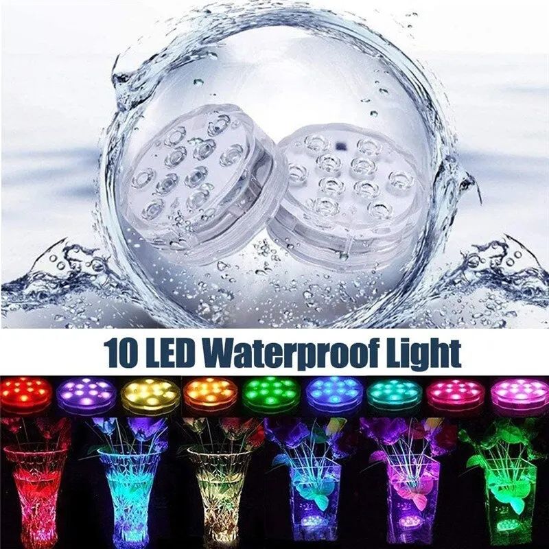 10leds RGB Luzes LED Submersíveis Luz Noturna Subaquática Piscina Exterior Luz Chá Luz Vaso Pond Party Decoração de Casamento
