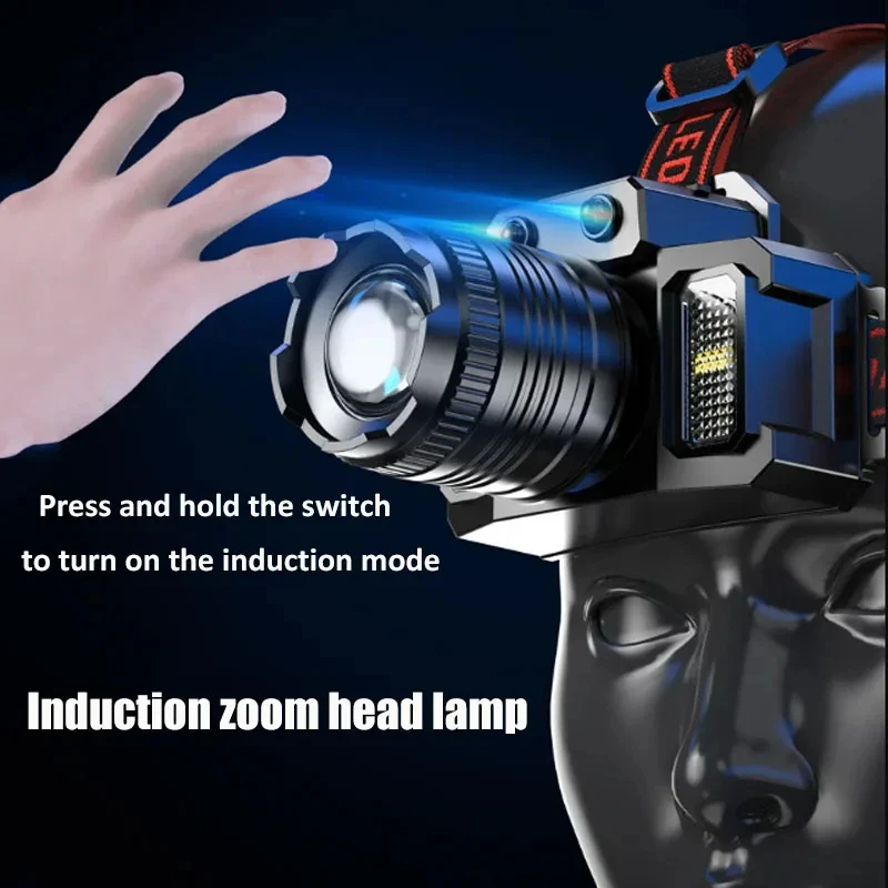 Wiederaufladbare Stirnlampe 1800 mAh Superhelle Taschenlampe T51 Induktions-LED-Scheinwerfer Wasserdicht Camping Mobile Power Bank blinkt