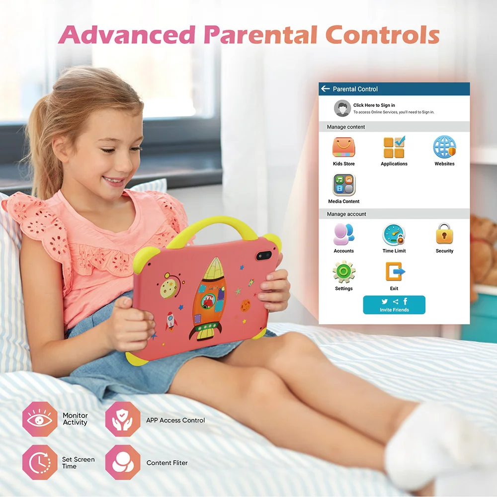 weelikeit Kids Tablet, tablet de 7 polegadas para crianças 8 GB de RAM 64 GB ROM Android 14 tablet infantil com Bluetooth, WiFi, câmara dupla, tablet infantil com controlo parental, aplicação educativa para meninas men
