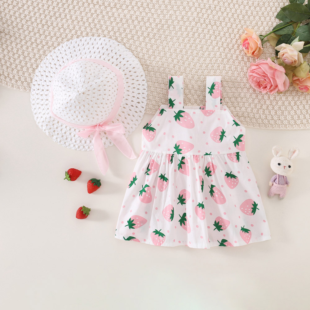 Summer Baby Girl Dress Hat 2/Piece Set Girls' Small Round Dot Strawberry Printed Front Bow Daily Casual Dress