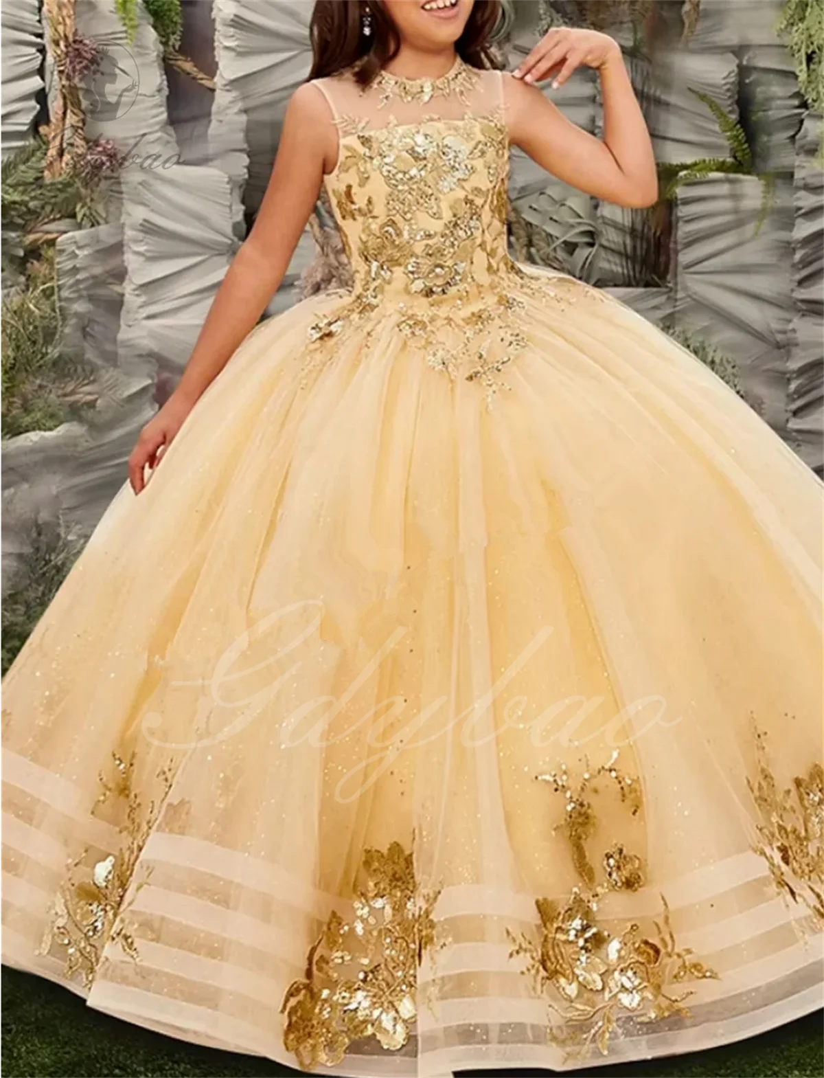 Gold Tulle Flower Girl Dress For Wedding Sleeveless Applique Puffy Floor Length Princess Kids First Communion Ball Gown