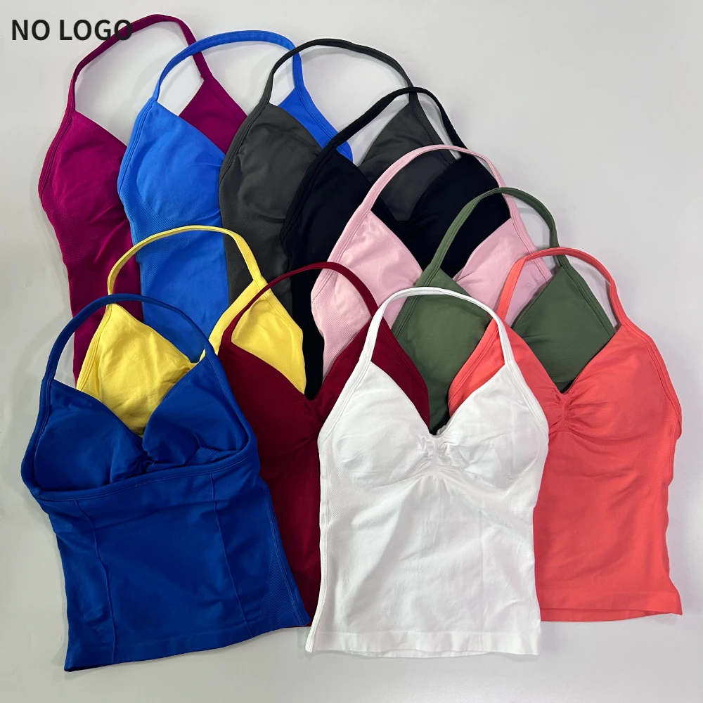 ไม่มีโลโก้ไม่มีรอยต่อ Longline Strappy GYM TOP Backless GYM เสื้อผ้าผู้หญิง Scrunch Built-in Bra พร้อมถ้วยที่ถอดออกได้โยคะเสื้อกล้าม