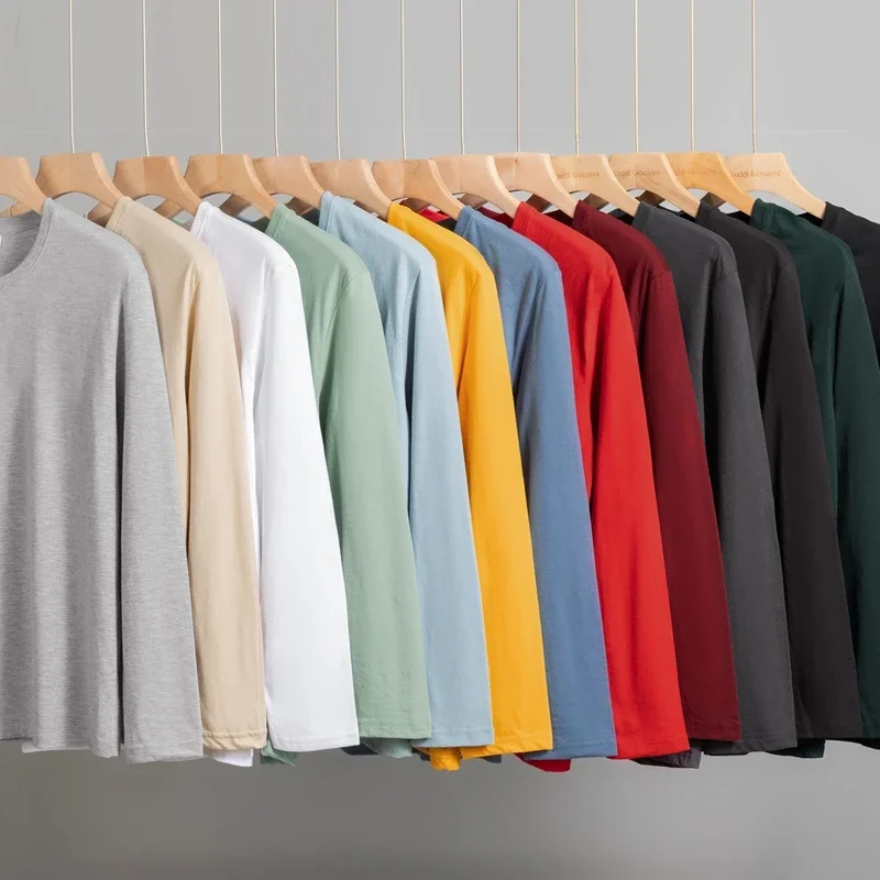 Camiseta de manga larga de algodón con cuello redondo de color sólido para hombre Top cómodo de verano