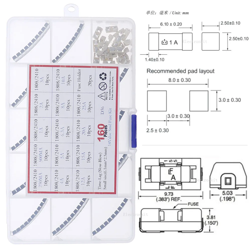 160 Uds 15 valores 250V 1808/2410/6125 kit de caja de fusibles de soplado lento SMD de cerámica 250mA 500mA 1A 2A 3A 4A 5A 6.3A 8A 10A 12A 15A 20A 25A