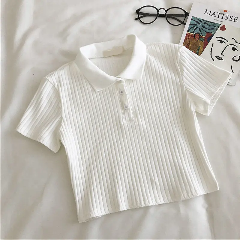 ผู้หญิงถักโปโลคอ Cropped เสื้อฤดูร้อนแขนสั้นอ่อนเยาว์สีทึบ Crop Top หญิง Basic เสื้อ Lady Pullover
