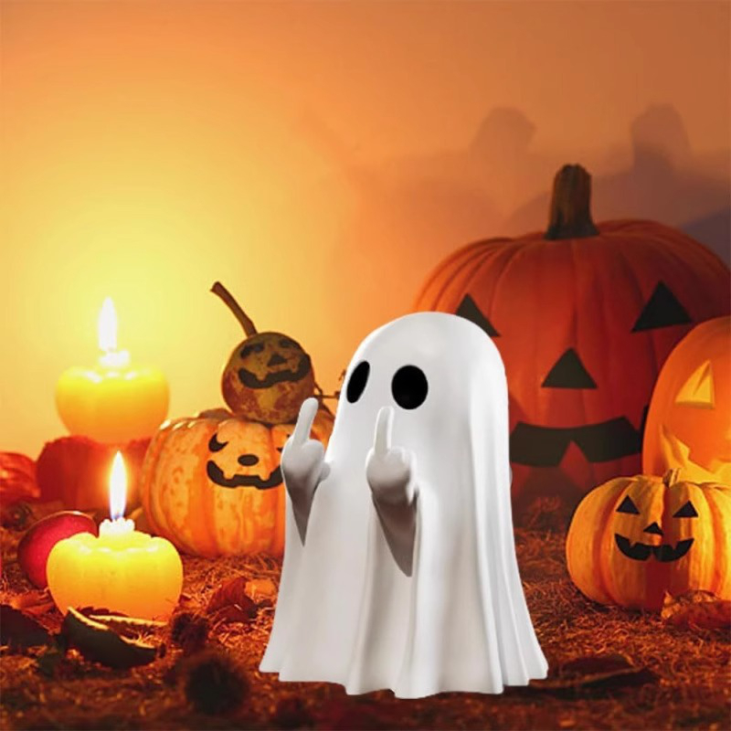 New Cute Middle Finger Ghost Statue Small Halloween Decor for Home Centerpiece for Coffee Table Adorable Horror Figure