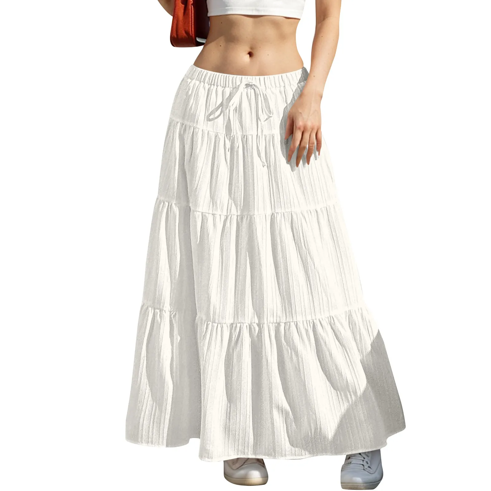 ผู้หญิง Flared Ruffle Hem Maxi กระโปรงแฟชั่นผู้หญิงกระโปรงยาว Elastic เอวกระโปรงยาวฤดูใบไม้ผลิฤดูร้อนชุดเค้ก