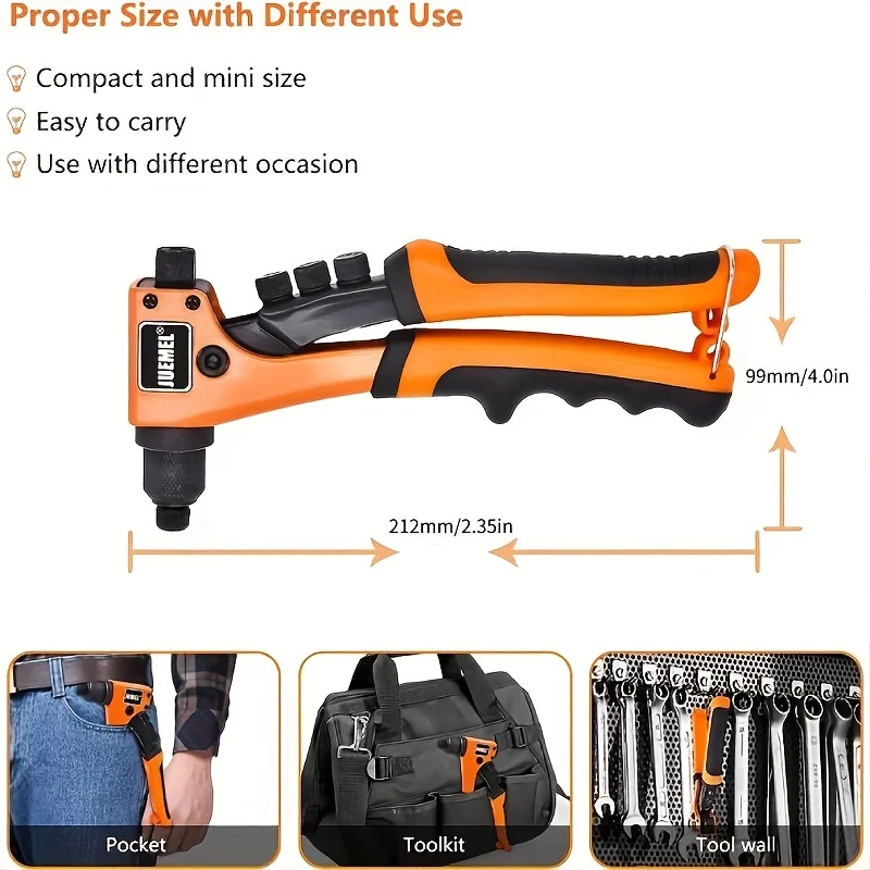 Kit de pistola de rebite manual de mão única resistente com 4 cabeças de rebite mutáveis e rebites de 80 unidades