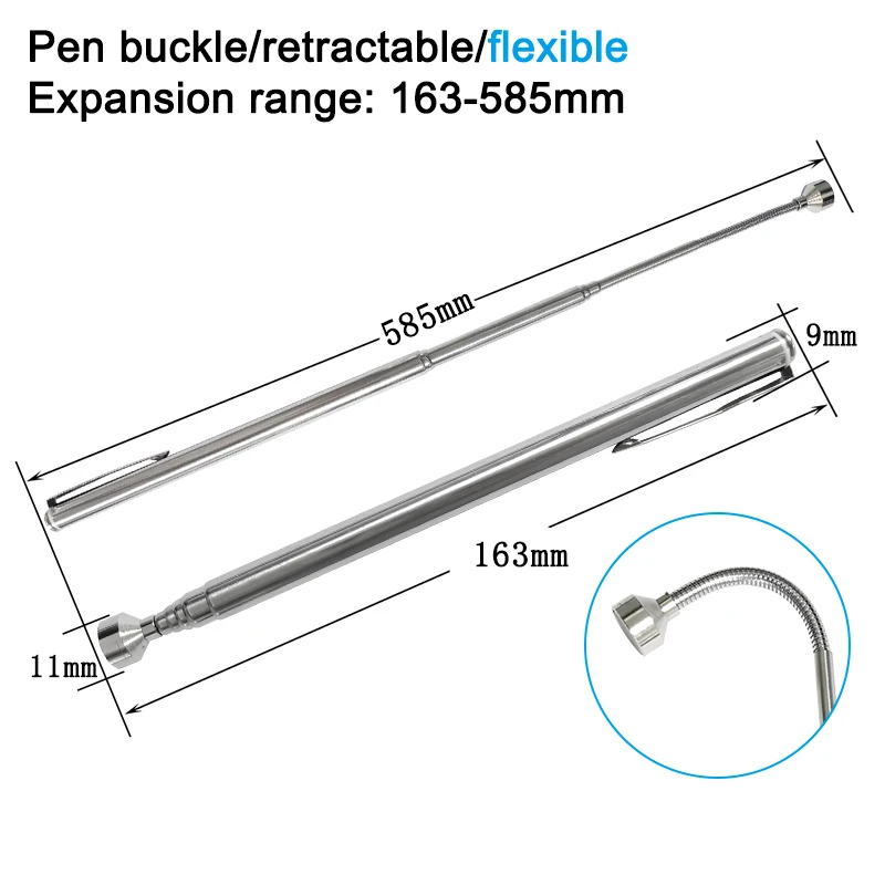 Tragbarer magnetischer, teleskopischer, silberner Universal-Tonabnehmer mit Stiftclip, magnetischer Saugstange, Autoreparatur, manuelles Werkzeugzubehör