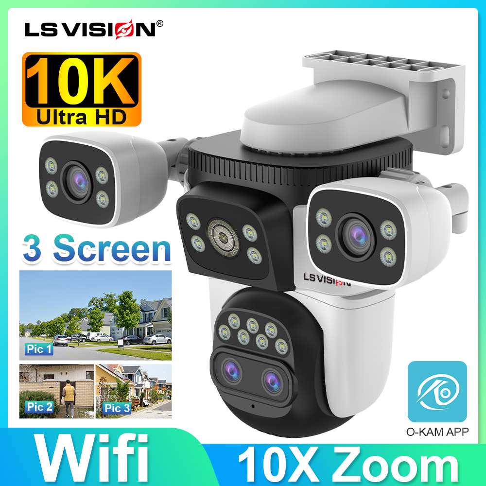 LS VISION 20mp 3 Screens Outdoor Surveillance Camera Wifi Camera 10X Zoom  10k PTZ Auto Tracking Two-way Audio Cctv Cam