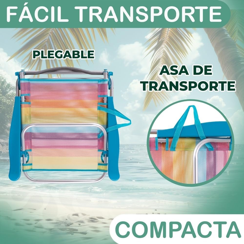 Pack 2 Sillas Playa Plegables |   Ligera Portátil |   Baja y Reclinable de 4 Posiciones |   para Camping, Piscina, Terraza o Jardín (M