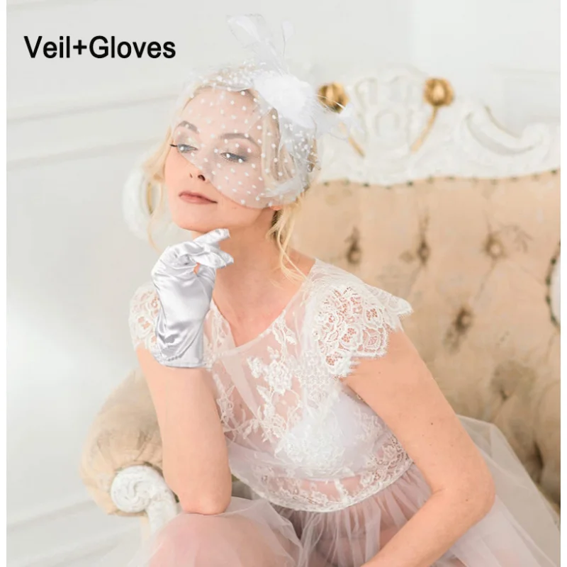 2 pcs Woman Veil Hair Bow 20s Party Dance Photography Lace Gloves Suit Mesh Feather Tea Party stage Fascinator hats and glove