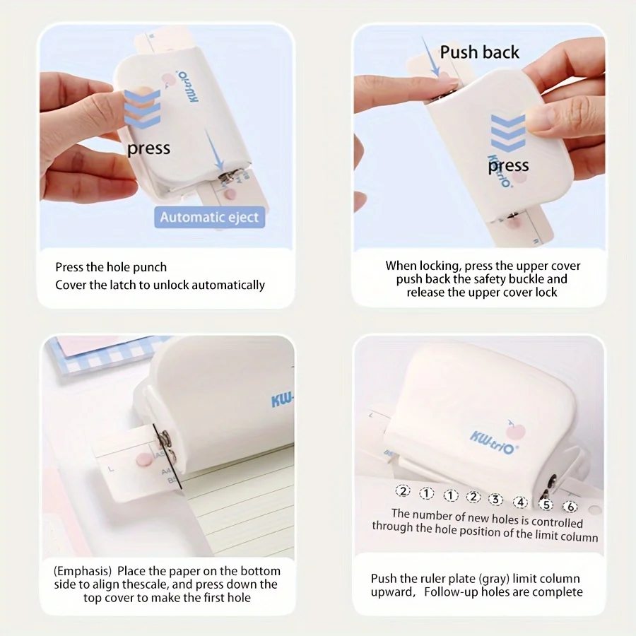 6 hole punch: Desk storage, ideal for binding notebooks and documents, quick positioning of holes, manual binding supplies