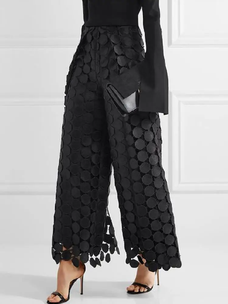 Yeezzi Frauen Mode Hohl Polka Dot Hohe Taille Breite Bein Hosen 2024 Neue Frühling Herbst Einfarbig Kausalen Büro Hosen