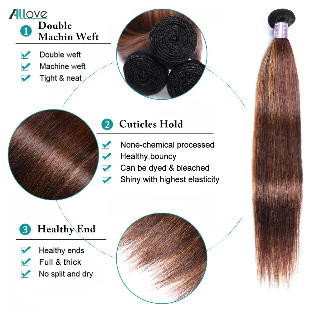 Allove 1B 4 30กระจุกเส้นผมมนุษย์เครื่องยืดผมตรง FB 30 100% ต่อสานเส้นผมมนุษย์บริสุทธิ์ของบราซิล
