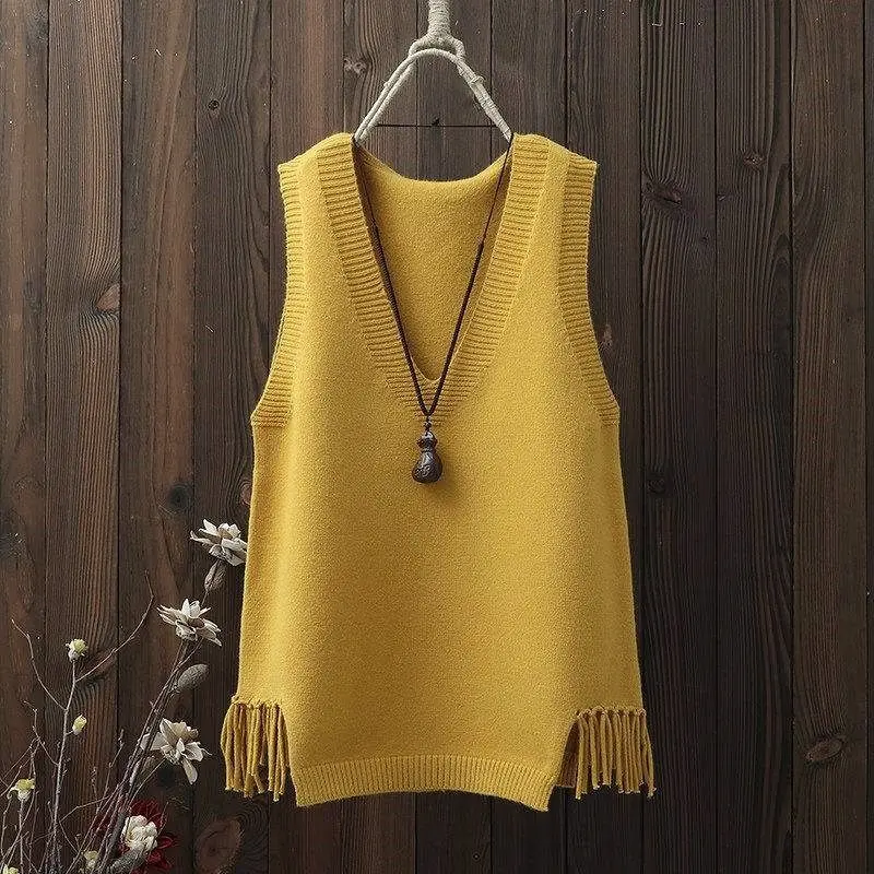 Chaqueta de Mujer Chaleco de primavera con cuello en V Chaleco corto de punto con borlas Chaleco Mujer