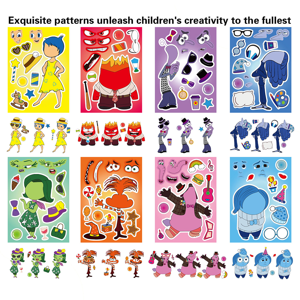 8/16Sheets Disney Inside Out 2 Make A Face Puzzle Stickers Kid Make Your Own DIY Game Children Cartoon Jigsaw Education Toy Gift