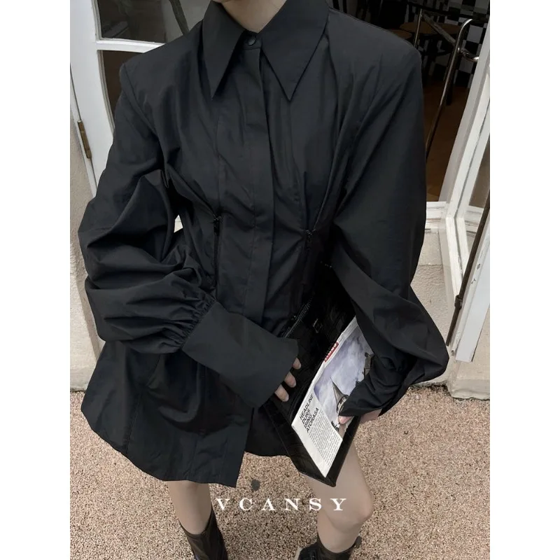 Deeptown 黒長袖シャツ女性の韓国のファッション春チュニック原宿高級ブラウス女性の美的オフィスレディース服