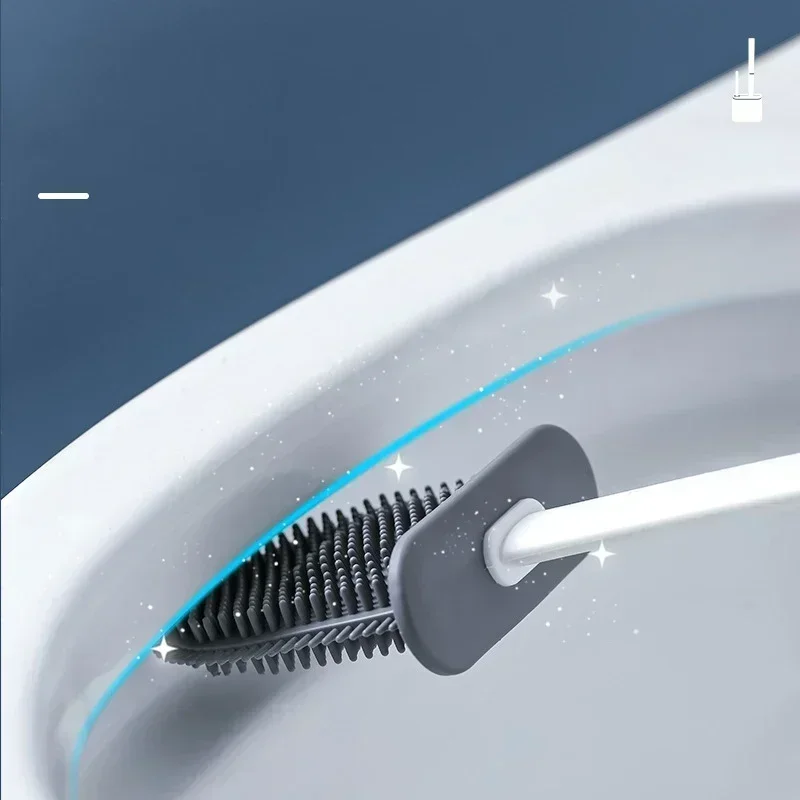 Escova de limpeza de vaso sanitário de silicone, cabeça plana, flexível, montagem na parede, limpador de vaso sanitário, conjunto de suporte de escova para banheiro