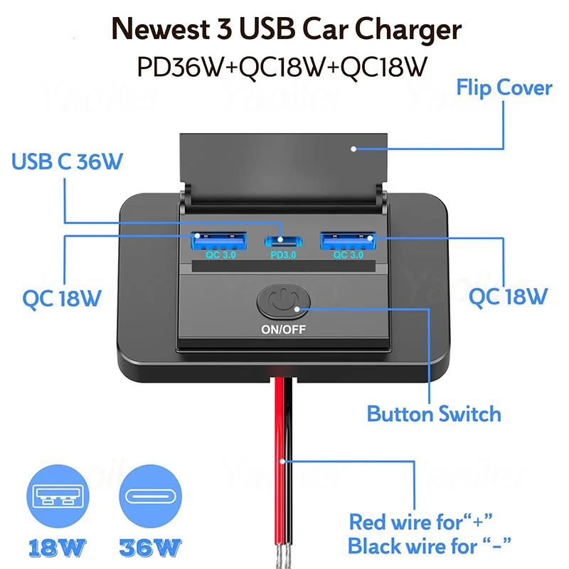 Panel de salida USB de 72W, 3 puertos, 12V, montaje en pared, 36W, USB C y doble QC3.0, 18W, puerto USB, enchufe de cargador con interruptor para coche, autobús, RV y camión