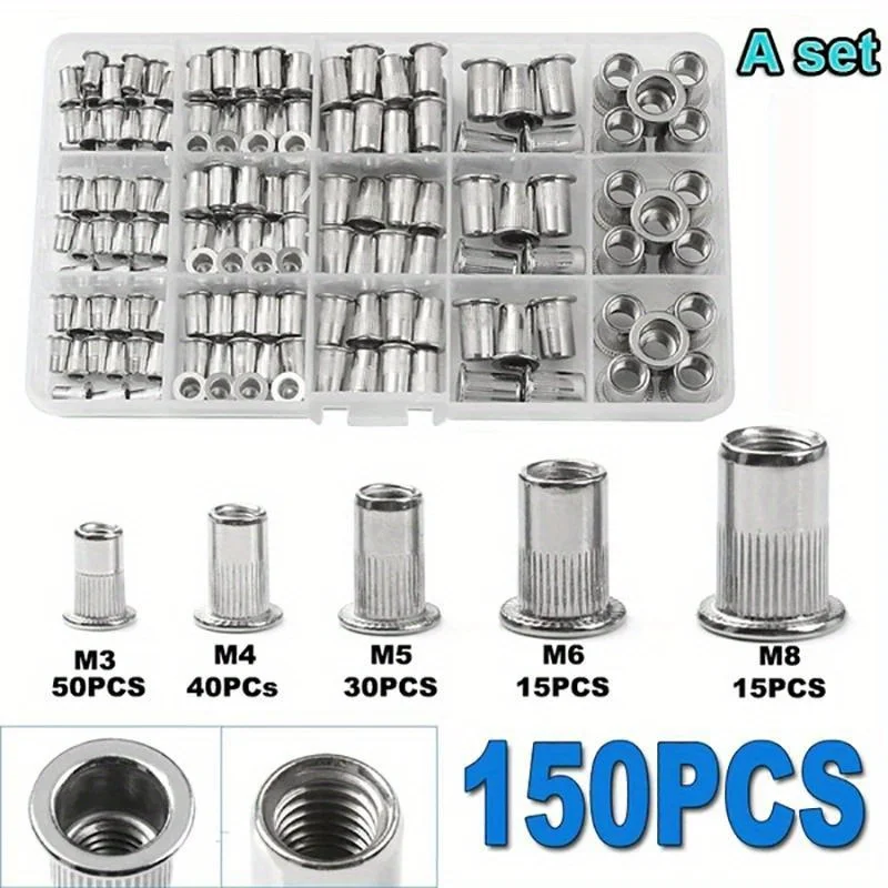 Kit de mandrin de pistolet à écrous à rivets, 150 pièces, M3/M4/M5/M6/M8 ou mandrins à rivets à écrou, outil de réparation, vis à tête plate, jeu de pistolet à rivets à écrou Pop
