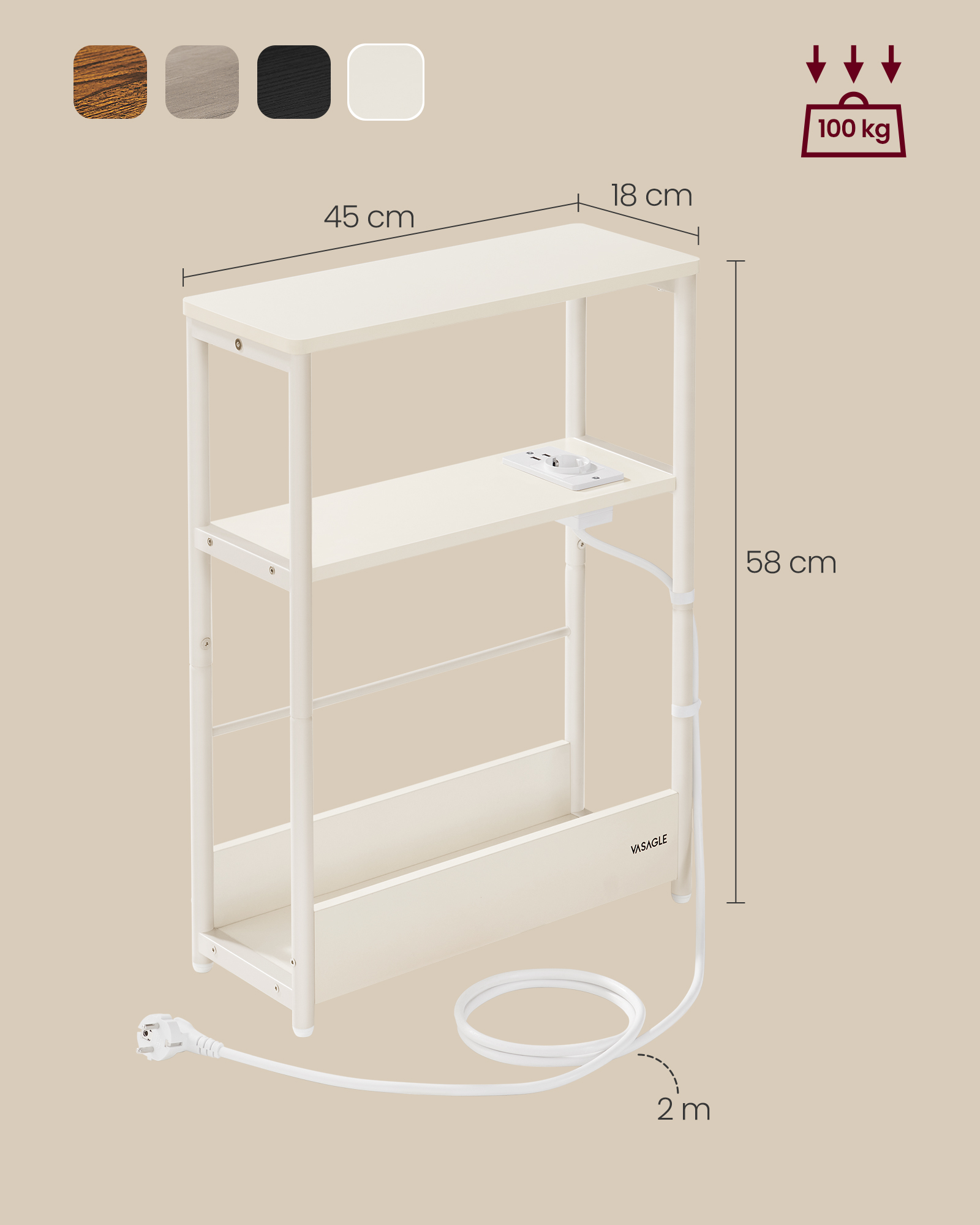 VASAGLE Beistelltisch, schmal, Nachttisch mit Ladefunktion, 3 Ablagen, Zeitschriftenhalter