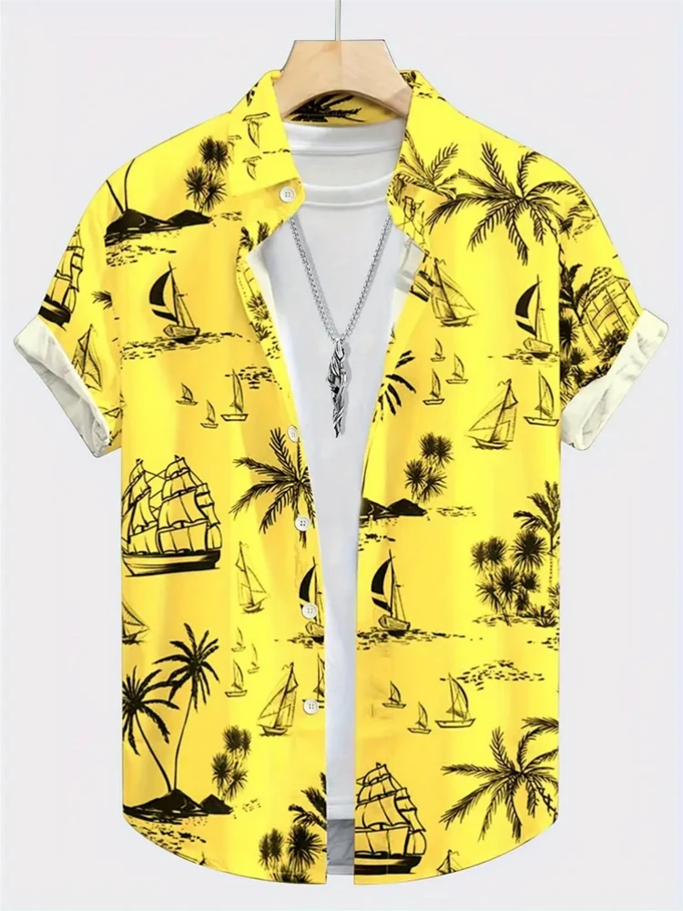 Summer Men's Shirt Coconut Tree 3d Print Casual Short Sleeve Lapel Tops Beach Casual Hawaiian Shirt Men Oversized Shirts For Men