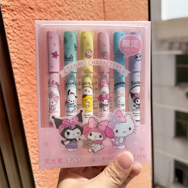 Sanrio-Juego de rotuladores fluorescentes de Hello Kitty, rotuladores Kawaii Kuromi Melody Cinnamoroll Art, papelería escolar, 6 unids/lote por caja