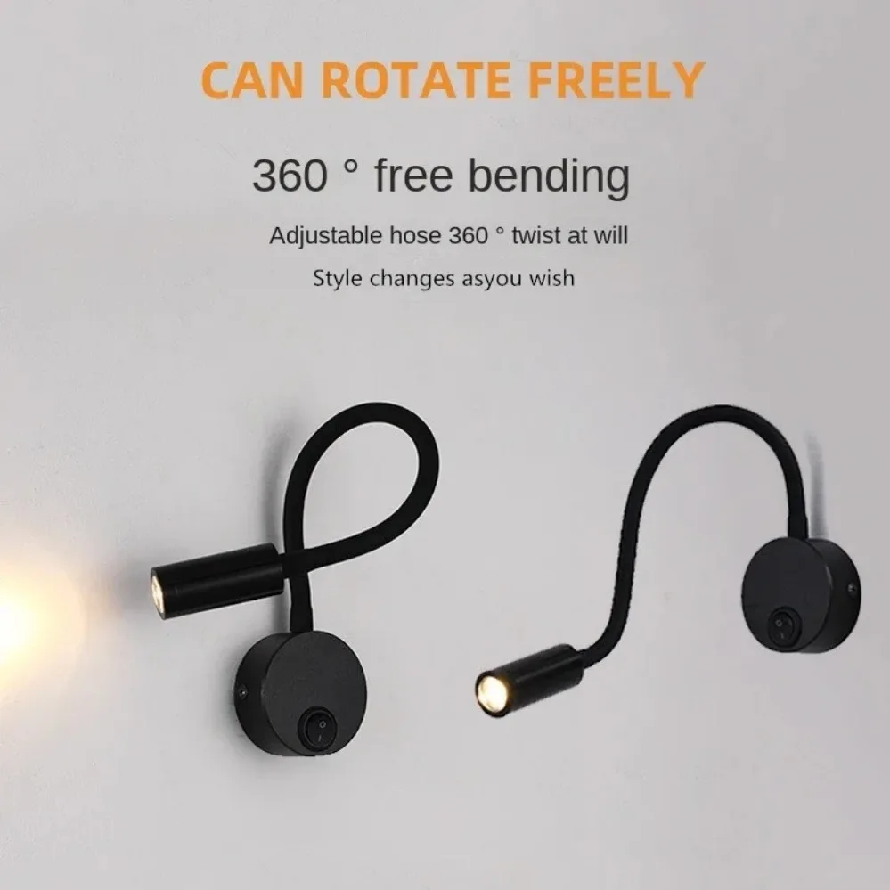 LED Gooseneck Reading Wall Lamp 3W With Switch Flexible Adjustable Working Study Wall Mounted Bedroom Bedside Night Light