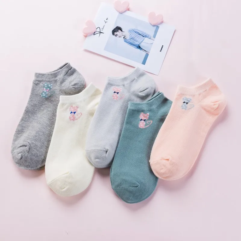 Calcetines tobilleros con diseño de gato para Mujer, medias cortas con dibujos de animales, moda coreana, Kawaii, informal, 5 pares