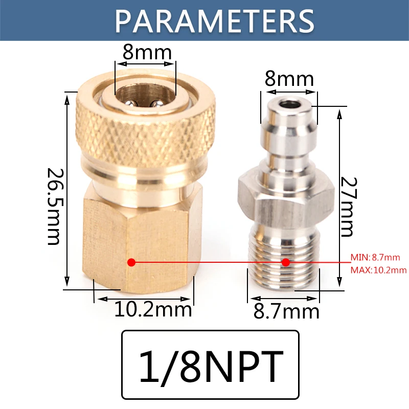 Conector macho 1/8bspp 8mm m10x1 1/8npt fêmea desconexão rápida encaixes de acoplamento de recarga de ar soquete 2 tamanhos