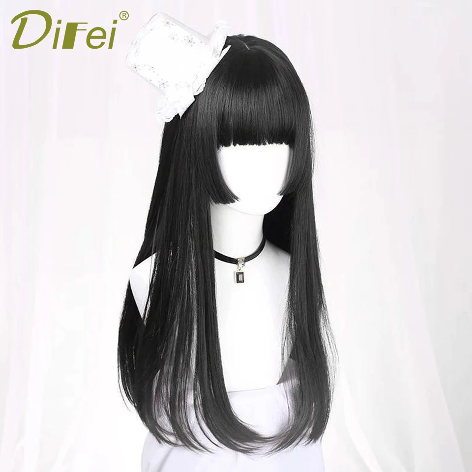 ธรรมชาติยาวตรงวิกผมสังเคราะห์สีดํากับ Bangs Lolita COSPLAY ผมวิกผมผู้หญิงความร้อนทน Daily PARTY วิกผม Fem