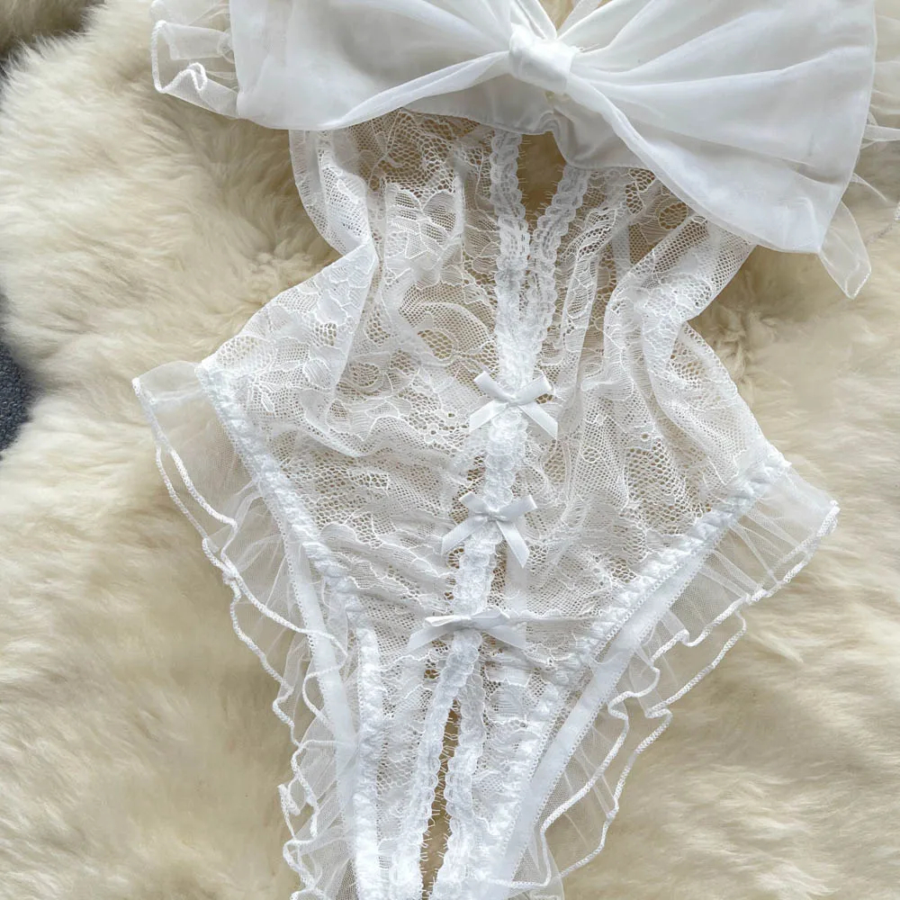 ชุดชั้นในเซ็กซี่ Camis Bodysuits ผู้หญิง Bow Hollow Out แฟชั่นเปิด crotch Slim Playsuit ฤดูร้อนนักร้องลูกไม้ Rompers ชุดชั้นในร้อน