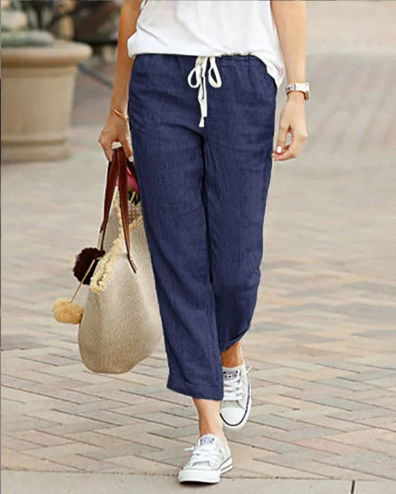 Pantalón elegante liso y sencillo para mujer, Pantalón recto recortado con cordón y cintura elástica, Pantalón informal de oficina para mujer