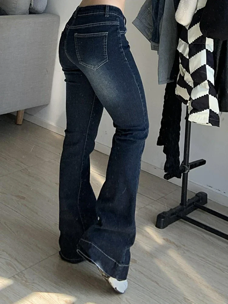Kalevest Y2K High Street laagbouw jeans blauwe damesbroek Bootcut zakken jeans streetwear lage taille jeans wijde pijpen broek
