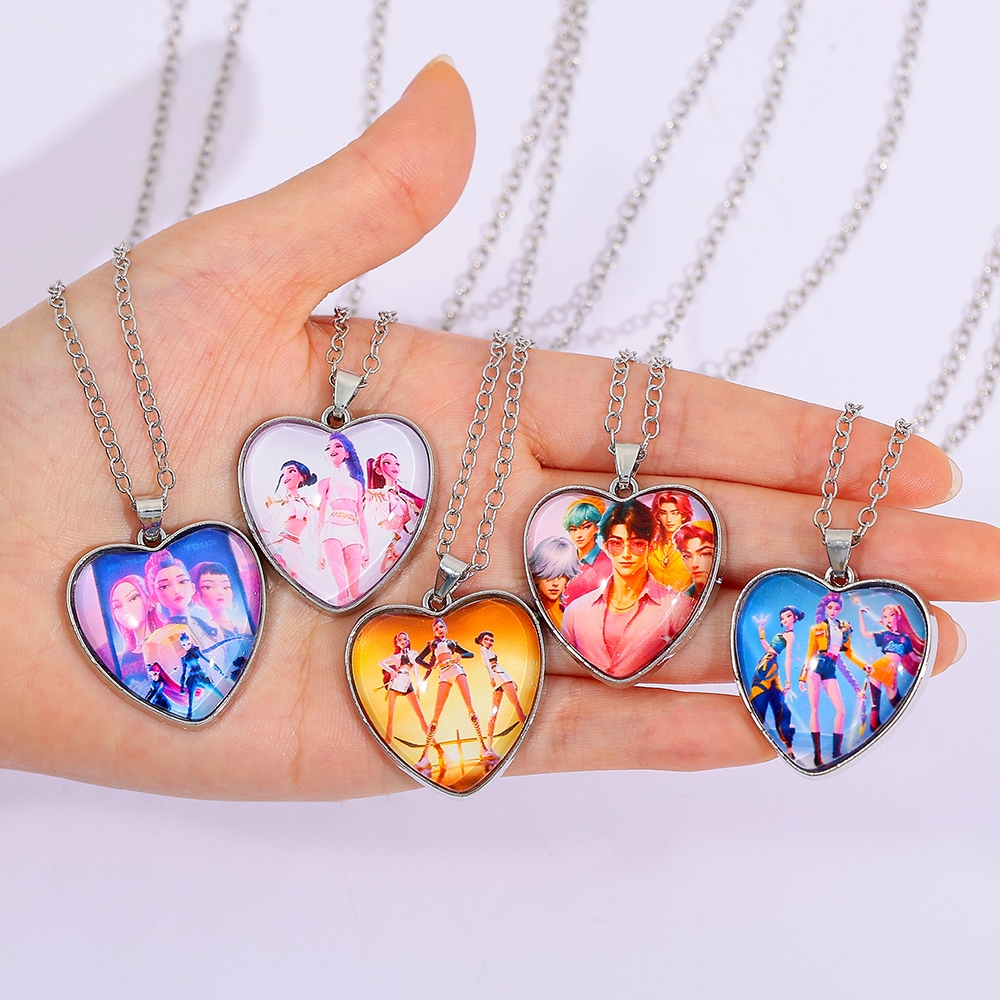 Anime Kpop Demon Hunters Heart Pendant Necklace for Girls Fashion Metal Chain Women Charms Accessory Gift